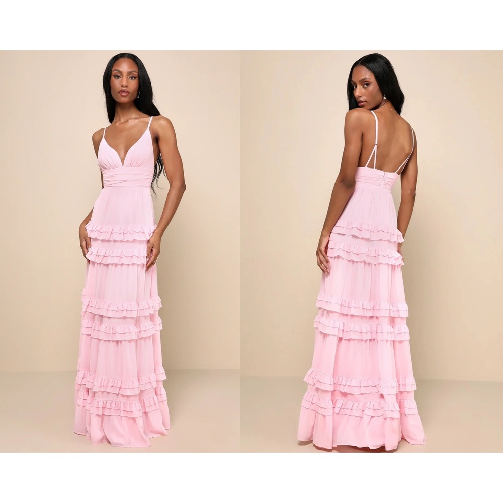 Lulus Lavish Perfection Light Pink Ruffled Tiered Maxi Dress Size Small